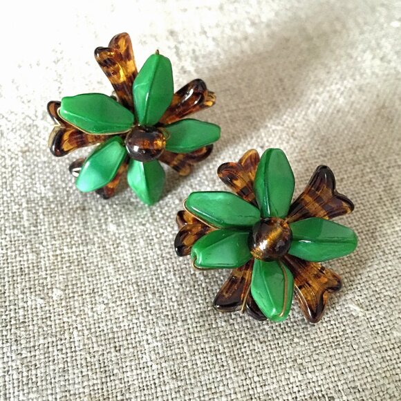 Vintage Beaded Earrings | Green + Tortoise | 1950s - Picture 1 of 5